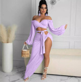 Long-sleeved chest-wrap knitted fashion loose solid color suit skirt