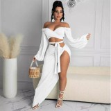 Long-sleeved chest-wrap knitted fashion loose solid color suit skirt