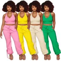 Solid Color Tank Top Tie Pants Two Piece Set