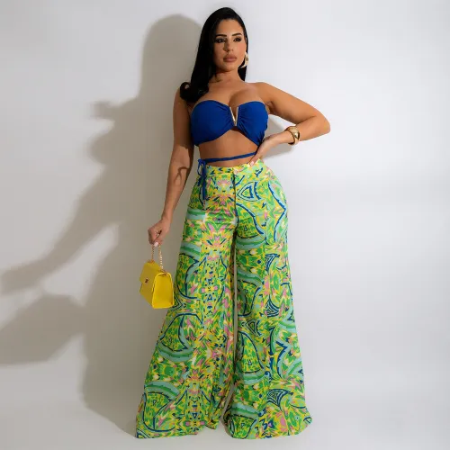 V-neck tube top printed wide leg trousers fashion casual women's suit