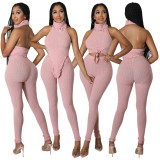 Solid color turtleneck open back sexy slim two-piece suit