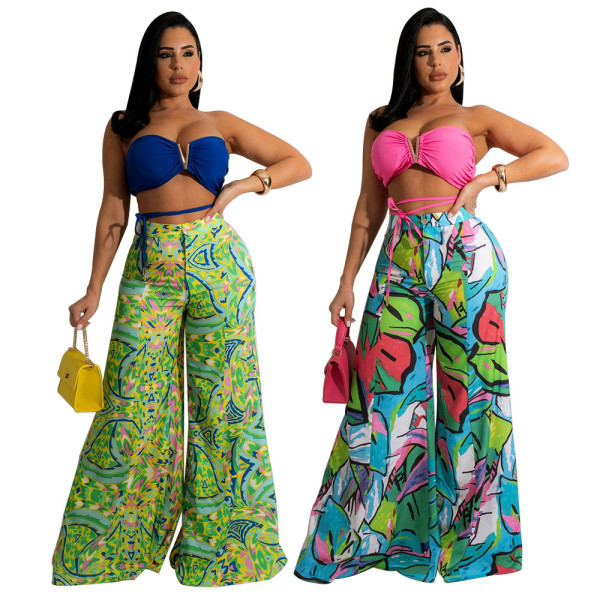 V-neck tube top printed wide leg trousers fashion casual women's suit