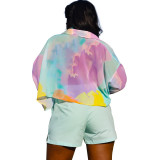 Lapel Long Sleeve Contrast Color Smudge Short Chiffon Shirt Fashion Two-piece Set