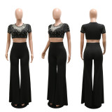 Round neck short bubble bead top and casual wide leg pants two-piece set for women