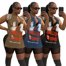 Fashion Street Hip Hop Print Rhinestone Sleeveless T-Shirt Top
