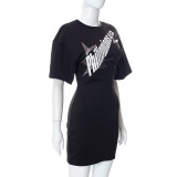 Women's Printed Round Neck Short Sleeve High Waist Slim Pack Hip Dress