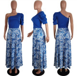 Two-piece set of personalized one-shoulder sleeve top + printed skirt