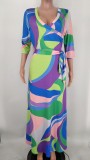 Women's Sexy V-Neck Beautifully Printed Plus Size Floor Length Dress