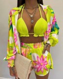 Three-piece tropical-print balloon-sleeve shirt and shorts set with crop top