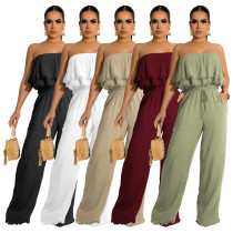 Women's Solid Color Sleeveless Casual Wrap Chest Ruffle Jumpsuit