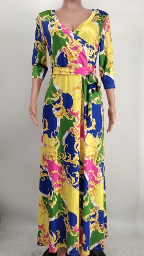 Women's Sexy V-Neck Beautifully Printed Plus Size Floor Length Dress