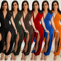 Fashion Solid Color Women's Sexy Deep V Sleeveless Hollow Trousers Jumpsuit