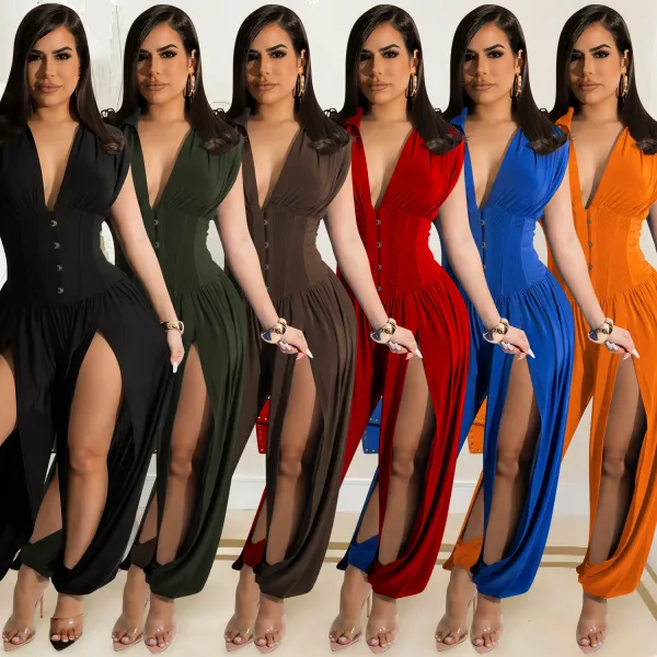 Fashion Solid Color Women's Sexy Deep V Sleeveless Hollow Trousers Jumpsuit