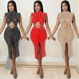 Fashion Sexy Mesh Perspective Hot Drill Hollow Slit Dress Women's