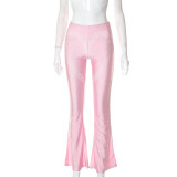 Solid Heart Hole High Waist Casual Flared Trousers