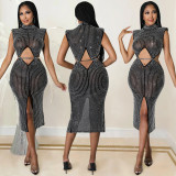 Fashion Sexy Mesh Perspective Hot Drill Hollow Slit Dress Women's