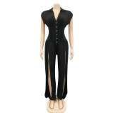 Fashion Solid Color Women's Sexy Deep V Sleeveless Hollow Trousers Jumpsuit