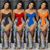 Two-piece set of fashionable strapless open-back printed slit trousers