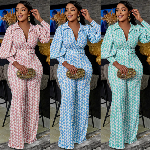 Fashion Casual Print Tight V-Neck Puff Sleeve Long Sleeve Wide Leg Pants Two Piece Set