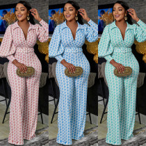 Fashion Casual Print Tight V-Neck Puff Sleeve Long Sleeve Wide Leg Pants Two Piece Set
