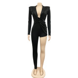 Fashion New Sexy Solid Color Tight V-Neck Long Sleeve Jumpsuit