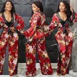 Fashion Sexy Print Deep V Long Sleeve Lace Up Trousers Jumpsuit