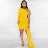 Fashion Solid Color Single Sleeve Casual Diagonal Neck Dress