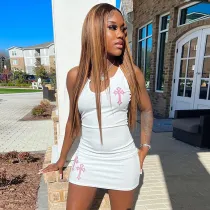 Dress Contrast Color Off Shoulder Sleeveless Embroidered Hip Dress