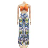 Two-piece set of fashionable strapless open-back printed slit trousers
