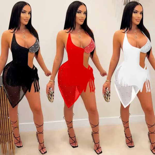 Fashion nightclub sexy sling hot drill fringed dress