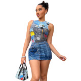 Street Fashion 3D Denim Print Sleeveless Slim Slim Short Skirt Suit