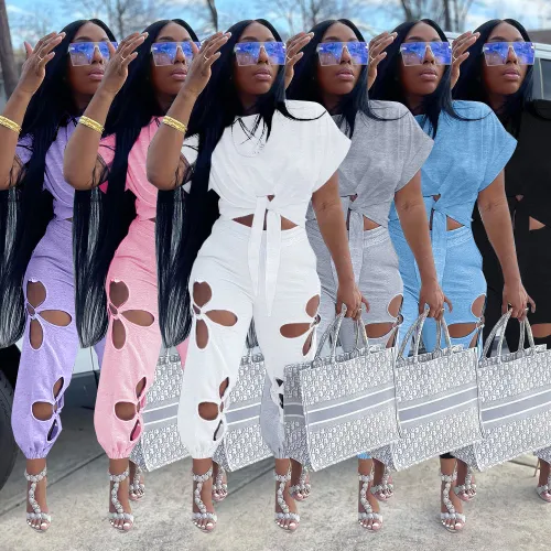 Four seasons solid color drawstring cotton pullover sunscreen short-sleeved lace hole irregular top suit