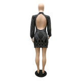 Sexy revealing backpack hip A-line hot diamond dress spring and summer new perspective long-sleeved hanging neck women's clothing