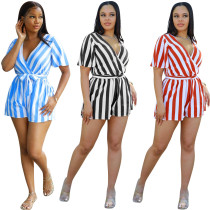 Women's Stretch Stripe Short Sleeve High Waist Jumpsuit (with Pockets)