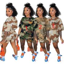 women's popular alphabet camouflage print two-piece suit