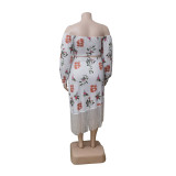 Plus size women's clothing Tassel plus size two-piece set Floral off-shoulder tassel plus size two-piece set