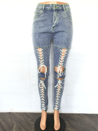 Fashion Eyelet Tie Washed Casual Skinny Sexy Stretch Jeans