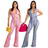 Cutout Halter Sexy Skinny Wavy Flared Pants Print Jumpsuit