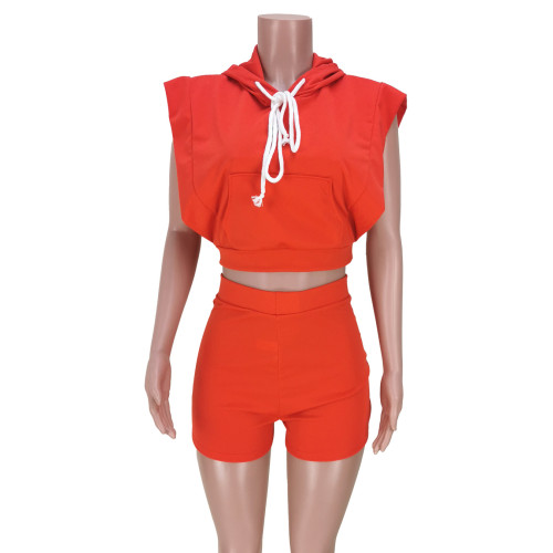 Solid Sport Sleeveless Hoodie Two-Piece Set