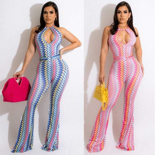 Cutout Halter Sexy Skinny Wavy Flared Pants Print Jumpsuit