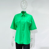 Fashion Pocket Candy Color Short Sleeve Breasted Cardigan Casual Shirt