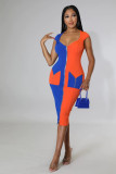 Women's Mid Length Pocket Colorblock Knit Dress U Neck Short Sleeve Bodysuit