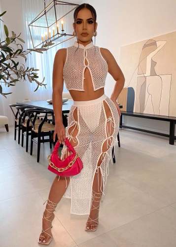 Fashionable short vest skirt hollow sexy lace fishnet woven suit skirt