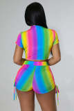 Sports and leisure large size short T-shirt suit rainbow striped print short-sleeved shorts two-piece set for women