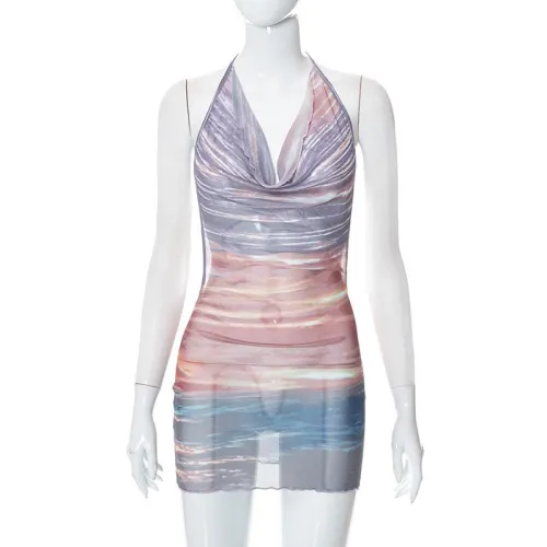 Printed lace-up halterneck open-back mesh mini dress