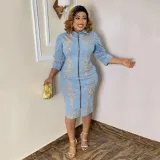 Fashionable personality tight A-line denim hot and drilled hip dress