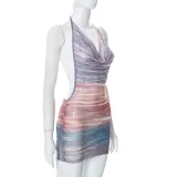 Printed lace-up halterneck open-back mesh mini dress