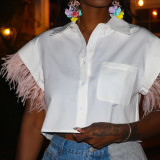 Breasted Feather Sleeve Cropped Top Lapel Short Sleeve White Shirt