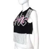Casual Printed Crew Neck Fringe Slim Fit Sleeveless T-Shirt Top