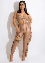 Sexy Ladies Top Sleeveless Sling Fringed Faux Leather Leggings Set